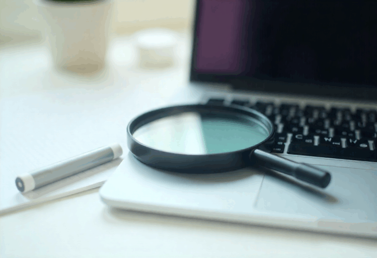 Een laptop met een vergrootglas voor zoekwoordenonderzoek