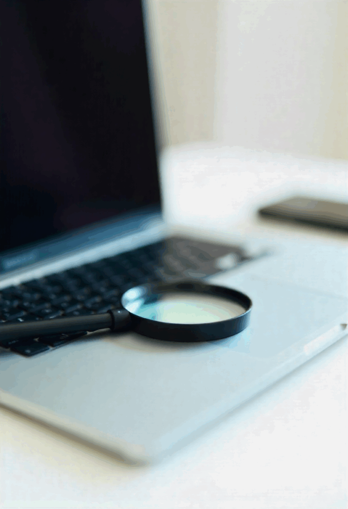 Een laptop met een vergrootglas voor zoekwoordenonderzoek