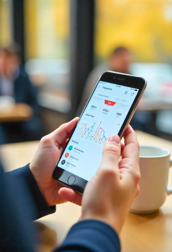 Close-up van handen die een telefoon vasthouden waarop een affiliate-dashboard te zien is, een cafétafel in het helder weer.
