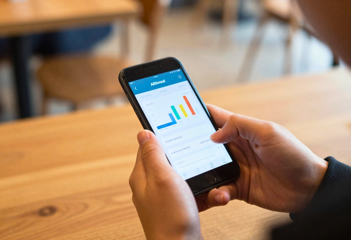 jong persoon die een smartphone gebruikt voor affiliate marketing, scrollende analyses, gezellige café-achtergrond