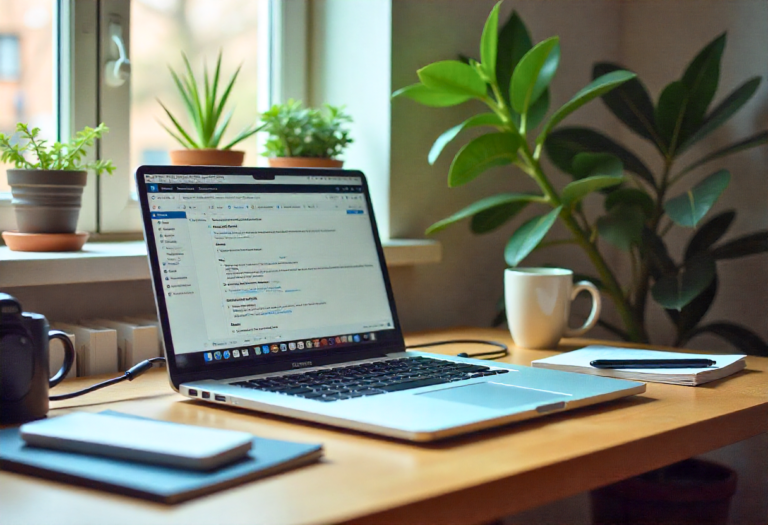 Laptop op houten bureau met bureauaccessoires, inbox en geautomatiseerde e-mailworkflow prominent, scherpe heldere typografie