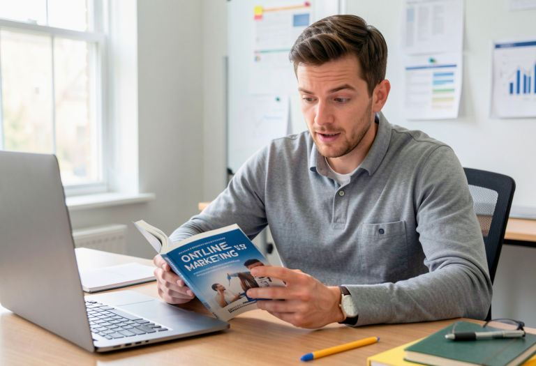 Een man op kantoor, nieuwsgierig naar wat online marketing precies inhoudt, bestudeert een marketingboek aan zijn bureau.