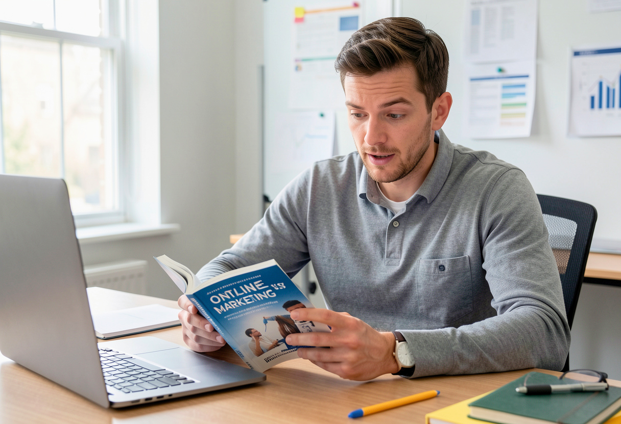 Een man op kantoor, nieuwsgierig naar wat online marketing precies inhoudt, bestudeert een marketingboek aan zijn bureau.