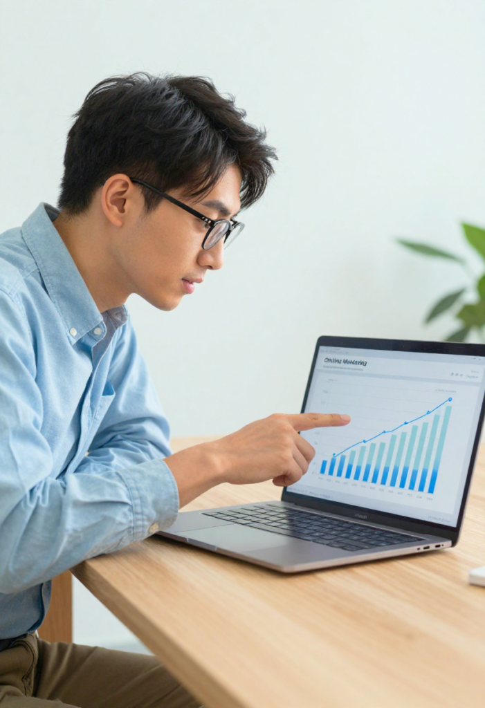 Een man op kantoor, die nieuwsgierig is naar wat online marketing precies inhoudt, wijst naar een laptopscherm waarop grafieken te zien zijn.