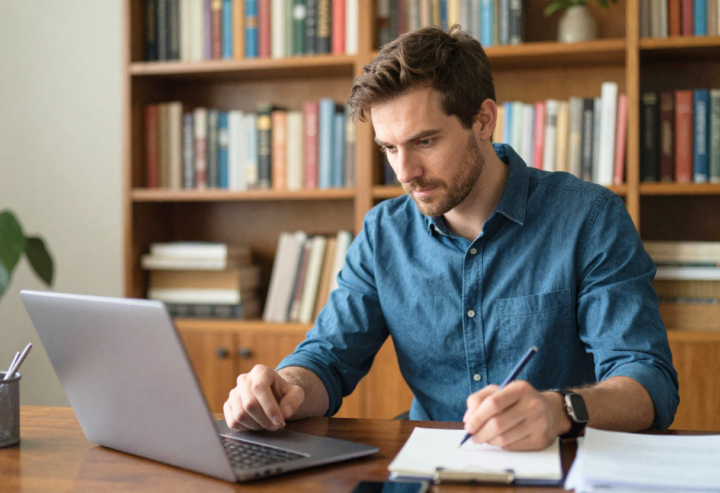 Man in thuiskantoor met laptop, consultant leest e-mails en maakt aantekeningen, georganiseerde boekenplank op de achtergrond