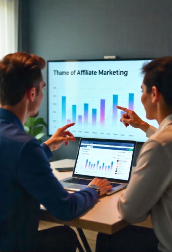 Discussie over affiliate marketing met een opvallende kop, twee collega's die naar grafieken wijzen, laptop met analysedashboard.