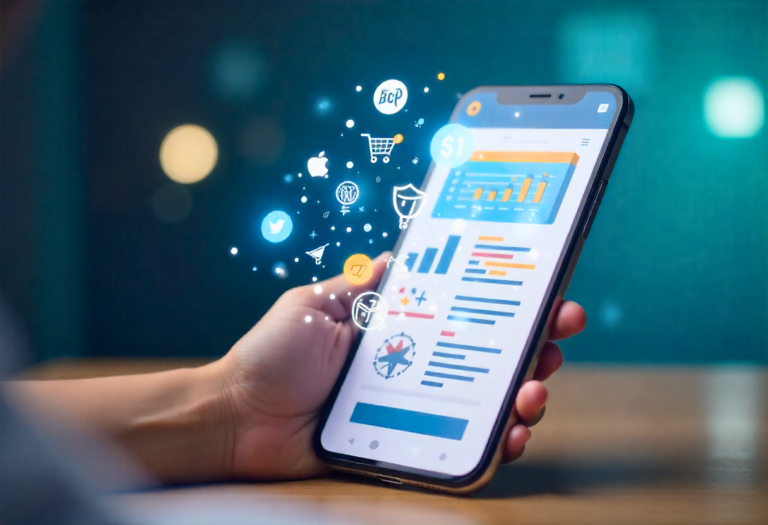 Affiliate marketing, smartphone met affiliate dashboard, winkelwagenpictogrammen, opvallende call-to-action knop