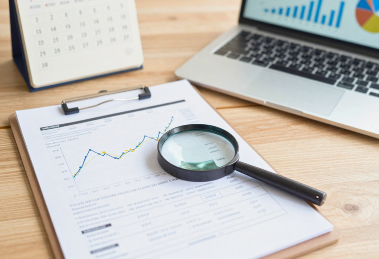 Klembord met financieel rapport en vergrootglas, kalender met doelstellingen, laptop met staaf- en cirkeldiagrammen.