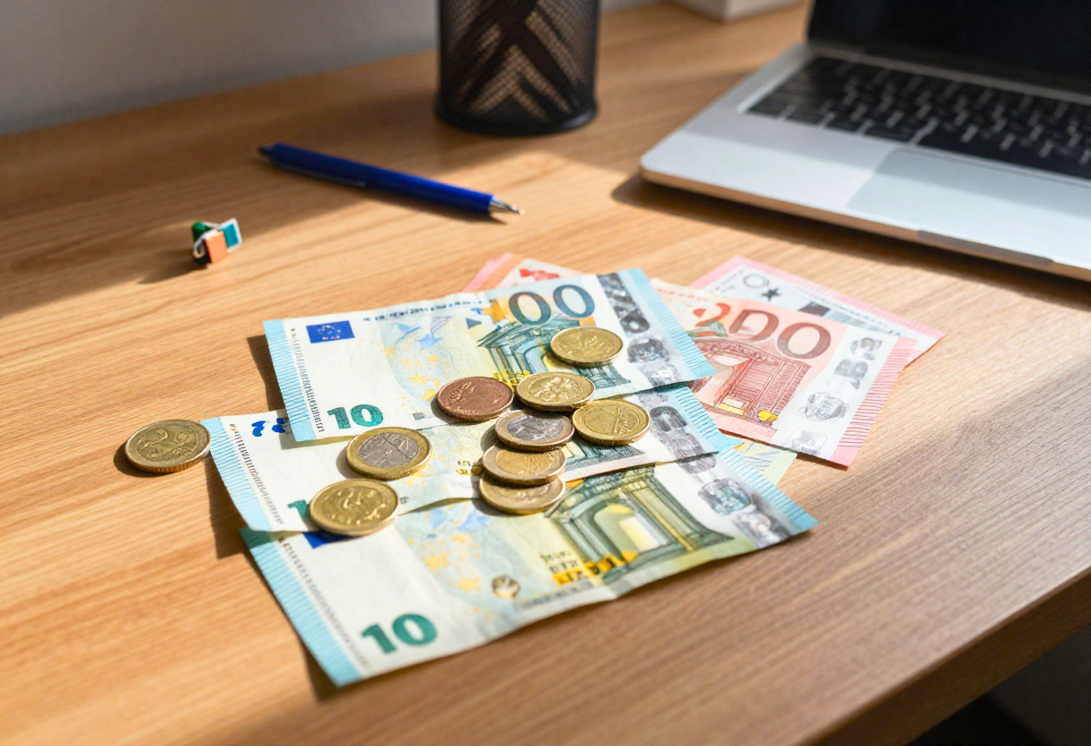 Een stapel geld op een werkbureau na het gebruik van online geld verdienen