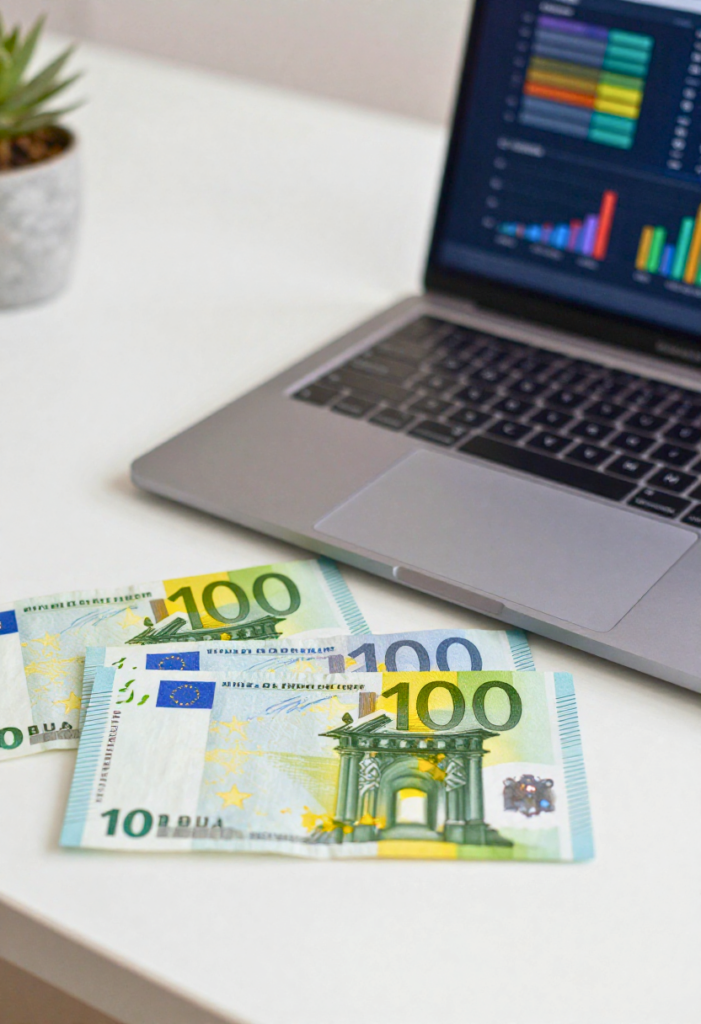 Een stapel geld op een werkbureau na het gebruik van online geld verdienen