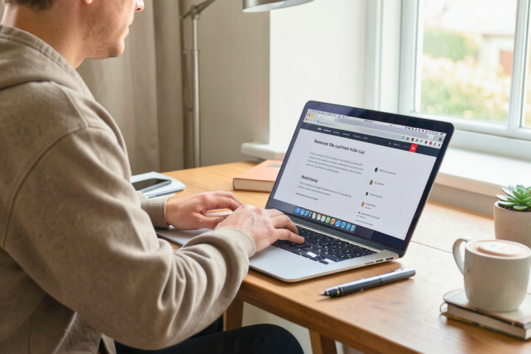 Persoon gebruikt een laptop om te internetten aan een opgeruimd bureau, zacht daglicht door het raam, casual gekleed.