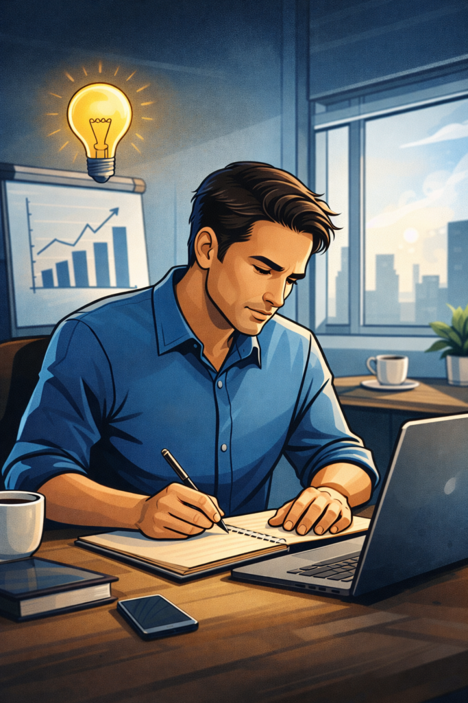 ondernemer werkt gefocust aan zijn ondernemers mindset en persoonlijke ontwikkeling