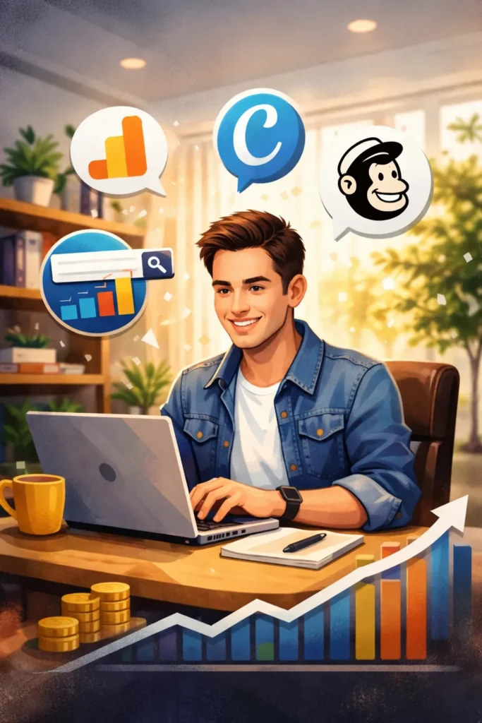 beginnend ondernemer werkt op laptop met online marketing tools en grafieken zichtbaar op scherm