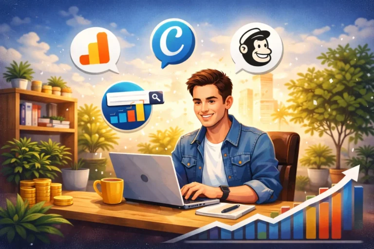 ondernemer werkt op laptop met online marketing tools, grafieken en groei visualisatie in moderne werkplek