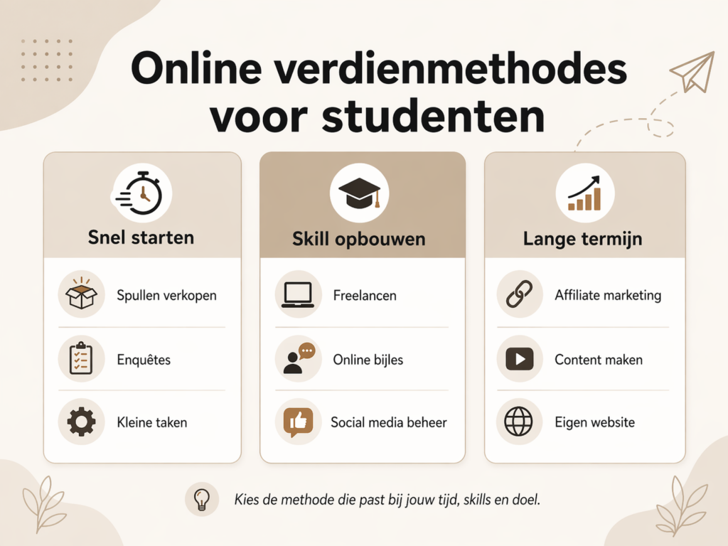 Infographic met online verdienmethodes voor studenten zoals spullen verkopen, freelancen, online bijles en affiliate marketing.