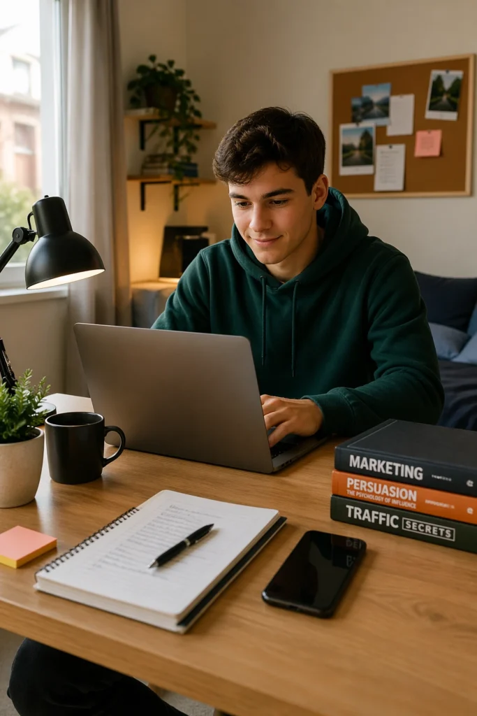Student werkt op een laptop in zijn kamer en verdiept zich in online geld verdienen.