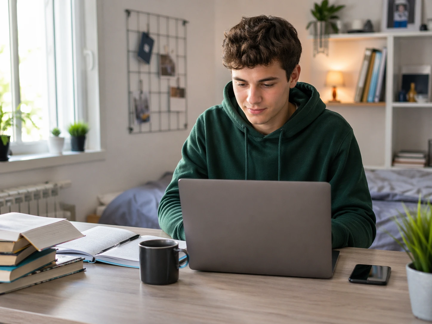 Student verdient online geld vanuit huis met laptop en studieboeken.