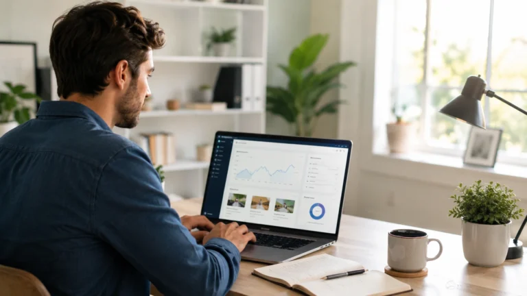 Beginner werkt vanuit huis aan online geld verdienen met affiliate marketing, bloggen en digitale producten.