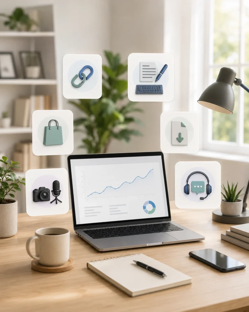 Laptop op een bureau met iconen van online verdienmodellen zoals affiliate marketing, freelancen, digitale producten, e-commerce en online coaching.