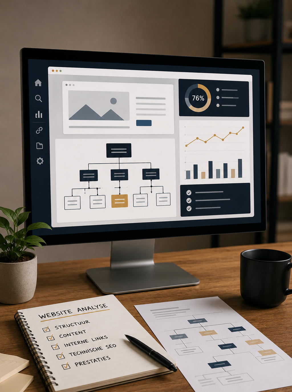 Werkplek voor een affiliate website-analyse met laptop, notitieboek en SEO-analysepunten