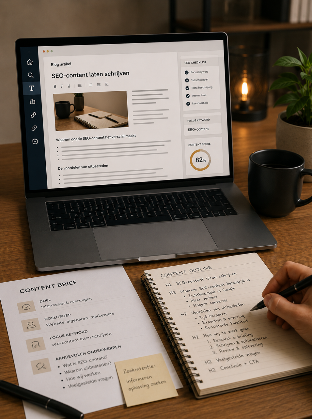 Werkplek voor het schrijven van SEO-content met laptop, contentplan en notities
