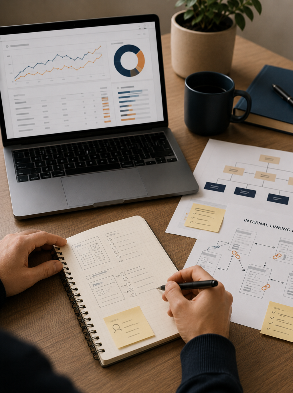Werkplek met SEO-contentplan en intern linkplan voor een affiliate website