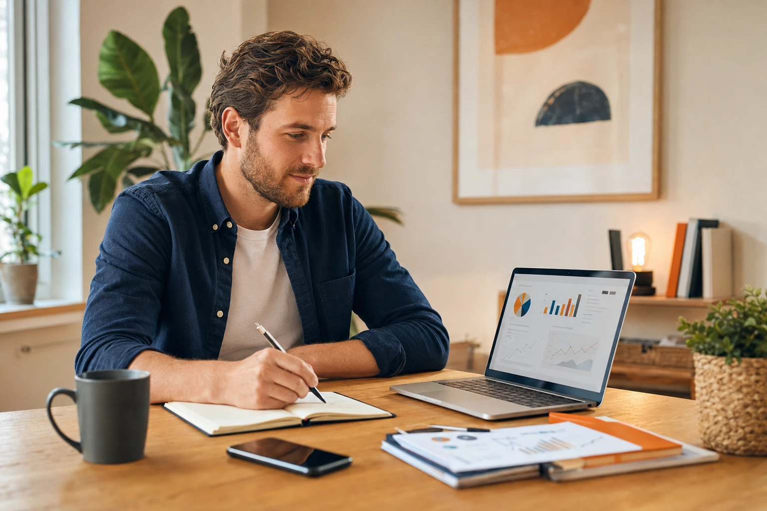 Startende ondernemer werkt aan een online-marketingplan