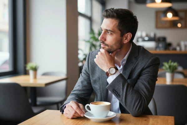 man met een bussiness en mindset Een attente zakenman zit met een kop koffie op tafel in een restaurant.