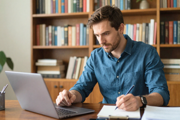 man met een online onderneming Man in thuiskantoor met laptop, consultant leest e-mails en maakt aantekeningen, georganiseerde boekenplank op de achtergrond
